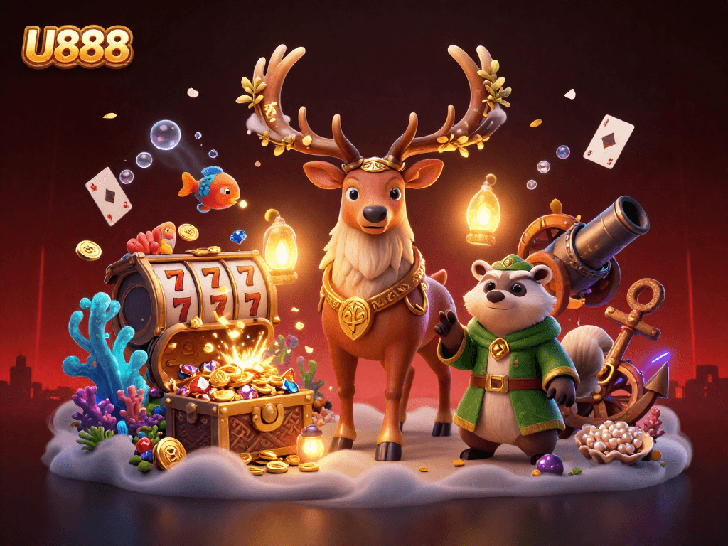 Experience U888's thrilling slots with a vibrant 3D scene of mystical characters and casino elements.
