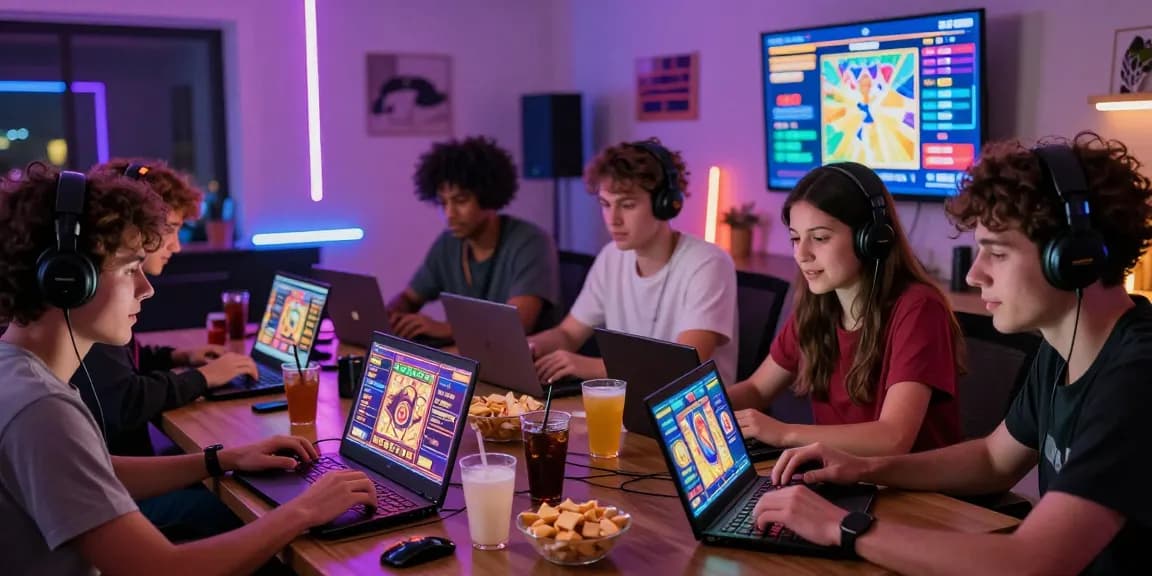 Engaging group of friends playing MPOCASH online slots at home, showcasing https://www.benmillerband.com/ vibrant gameplay atmosphere.