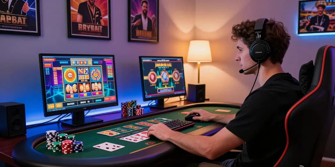 Engaged player enjoying online gaming experience with lucky77 atmosphere, vibrant gaming setup and poker elements.