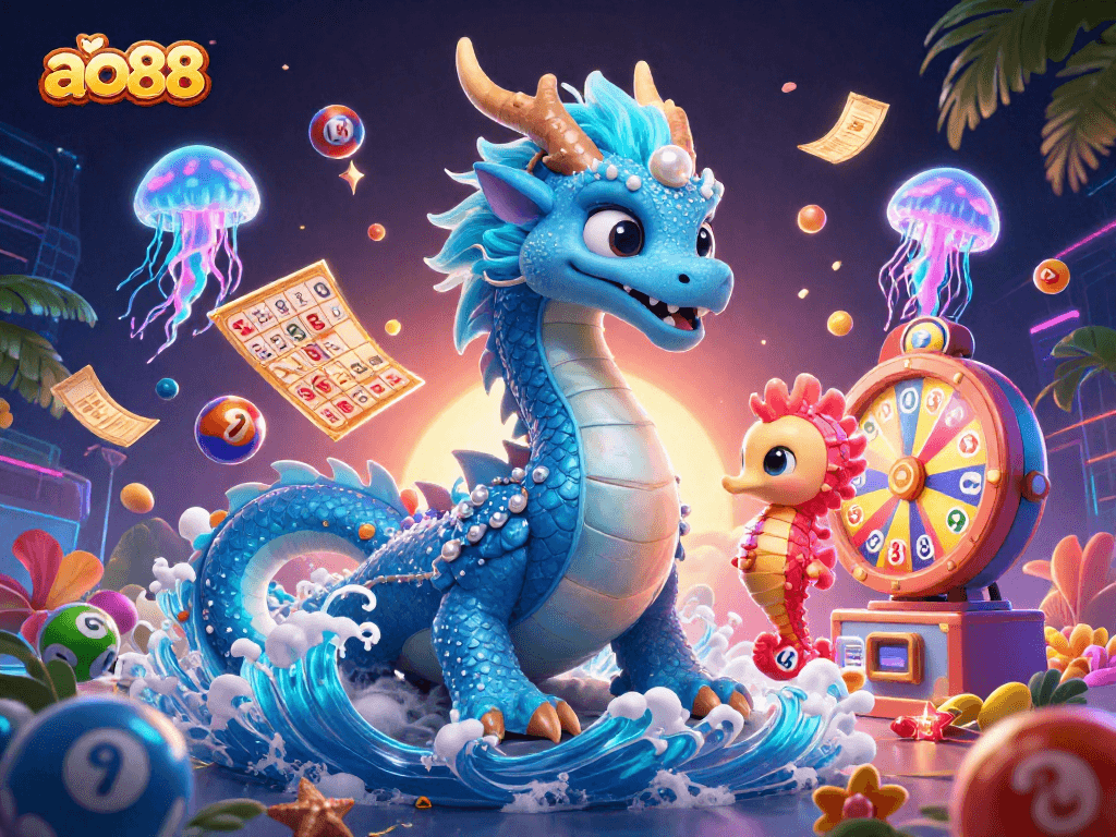Engage with ao88's thrilling atmosphere featuring dynamic lottery elements and cartoon characters in a vibrant casino scene.