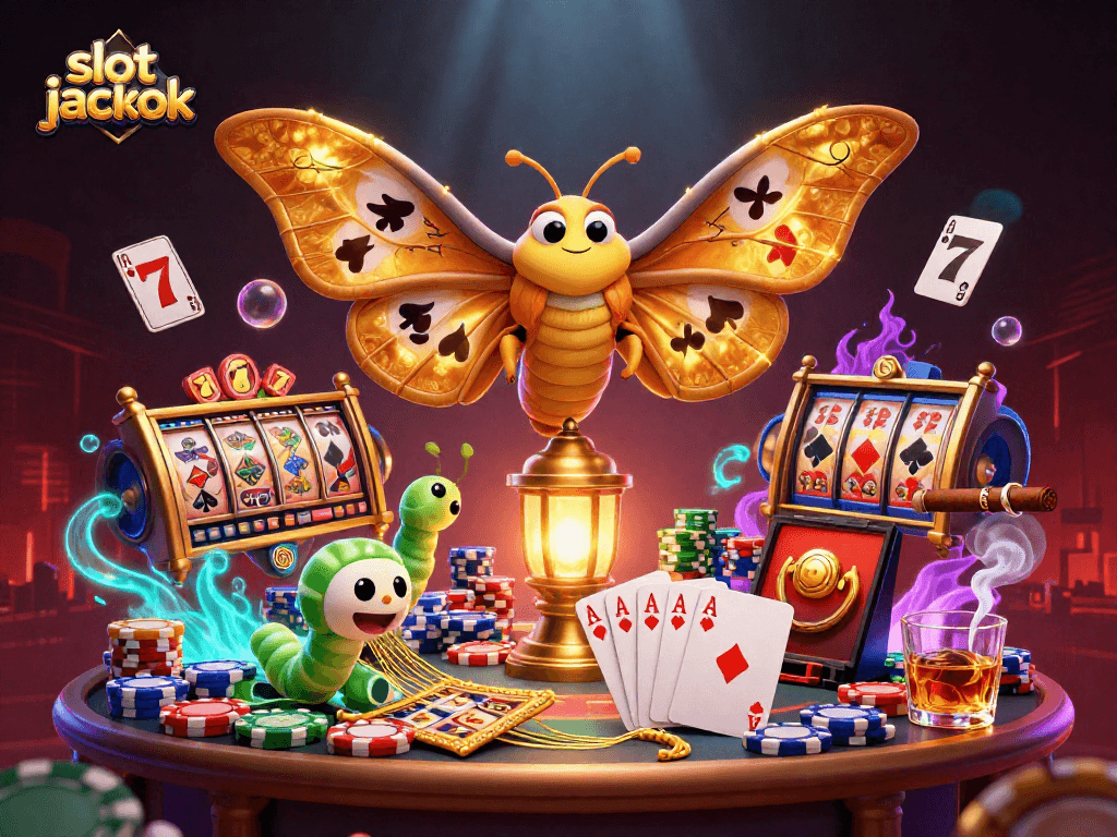 Menggoda slot jackpot dengan ilustrasi 3D menarik yang menampilkan karakter kasino dan elemen permainan.