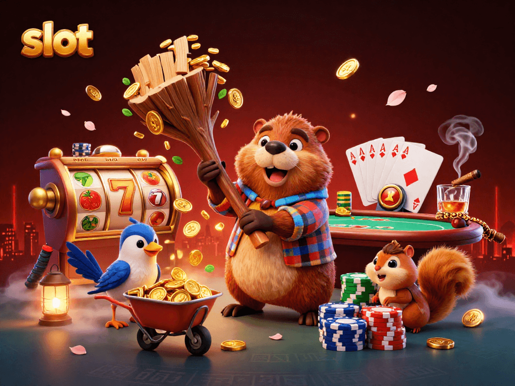 Slot menarik dengan beaver pemotong pohon yang menghasilkan koin emas dan karakter lainnya dalam suasana permainan yang seru.