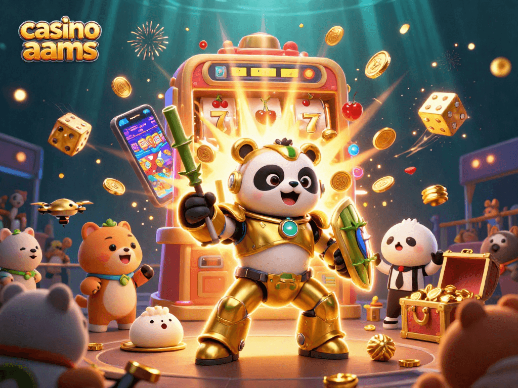Gioca e vinci nel casino non AAMS con una scena vibrante di slot machine e panda robotici in azione.