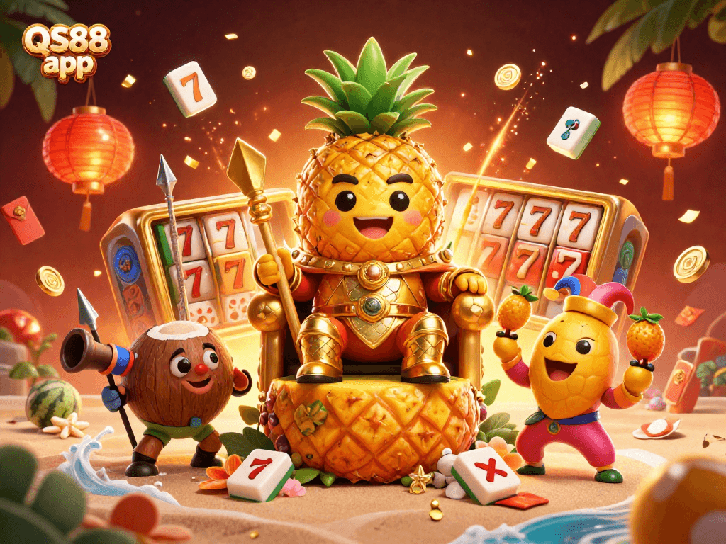 Experience thrilling gaming with QS88 app as golden treasures and vibrant elements surround a beach casino scene.