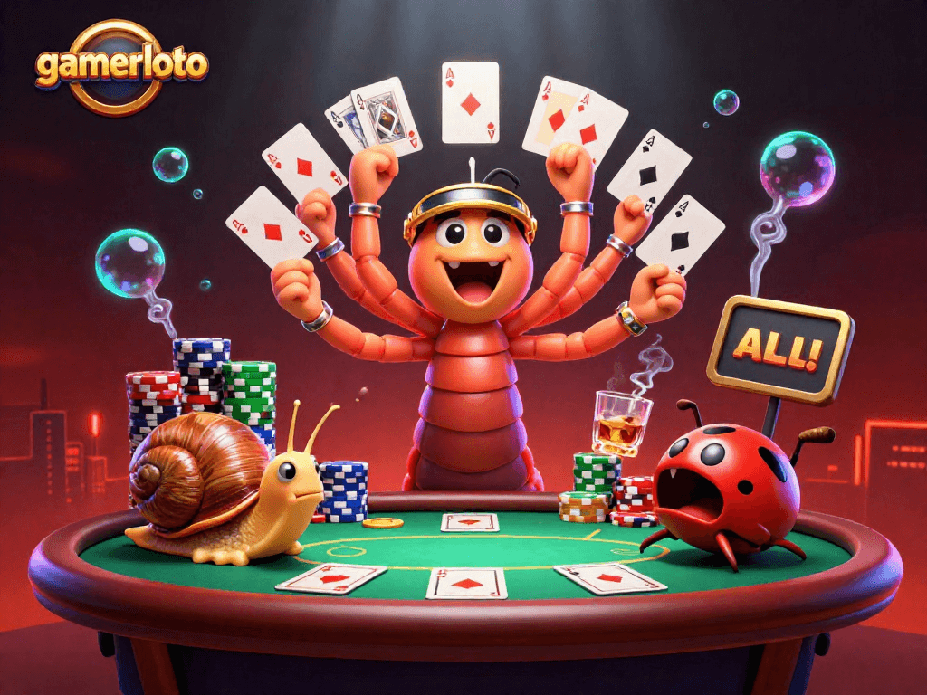 Engage with gamerloto in a colorful casino scene featuring a lively dealer, high-stakes chips, and poker excitement.