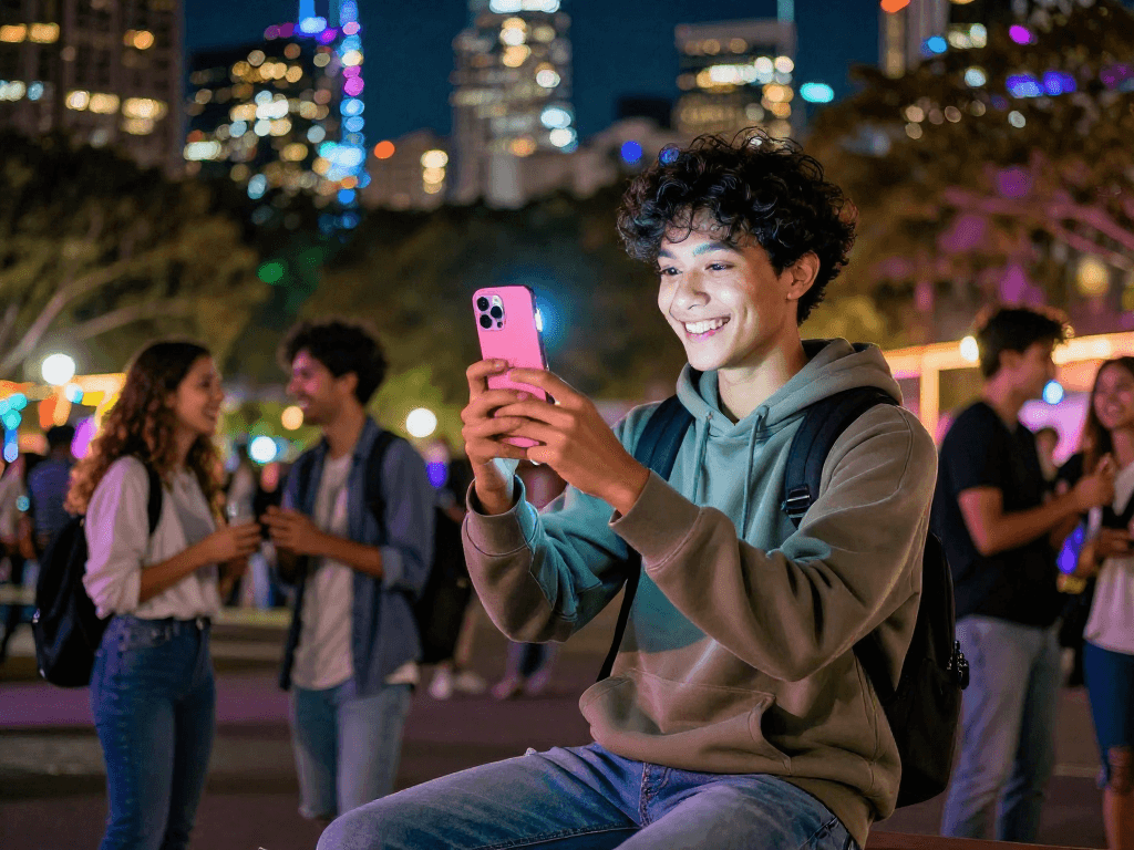 Engaging in a cheerful pink chat video call in a lively urban park setting.