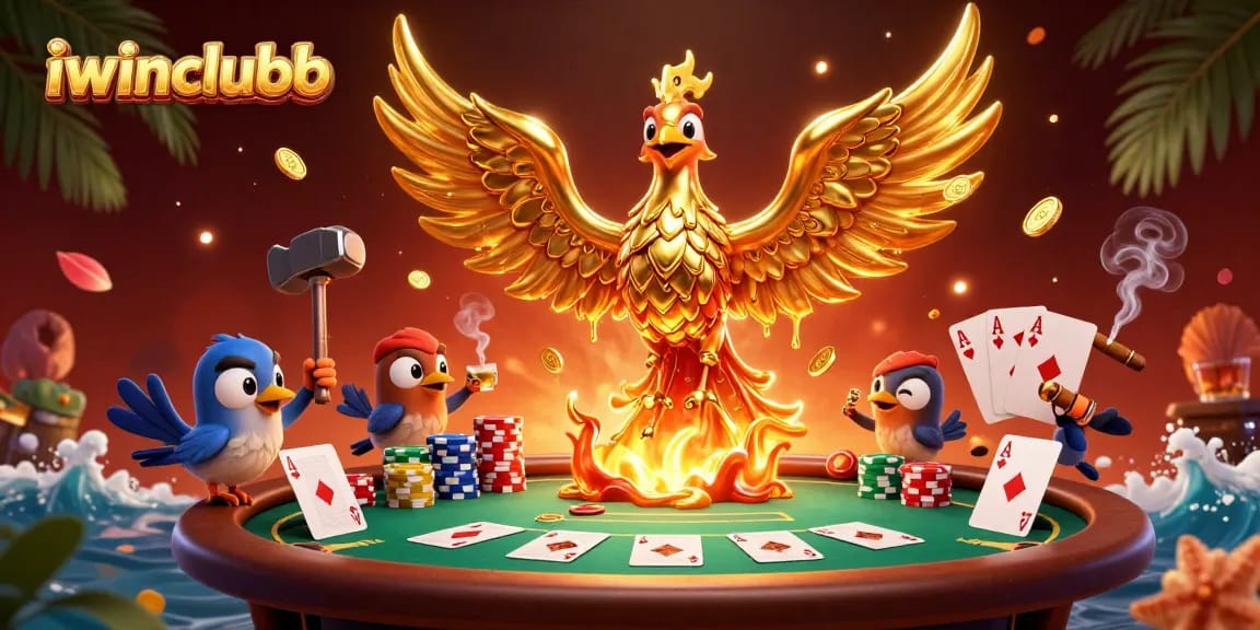 Experience thrilling poker moments at iwinclubb with a spectacular golden phoenix and vibrant casino elements.
