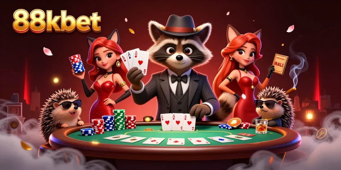 Experience exciting gameplay with 88kbet in this vibrant casino scene featuring a suave raccoon and colorful characters.