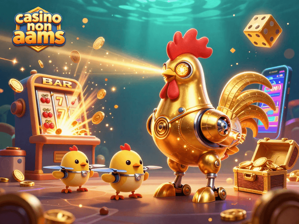 Immagine tematica di un robot gallo d'oro in un casino non AAMS con esplosione di jackpot e simboli di gioco.