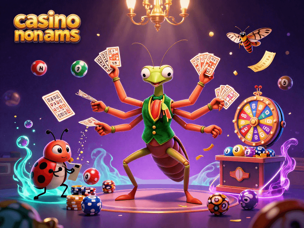 immagine divertente del casino non aams con un mantide gigante e una coccinella pit boss mentre distribuiscono vincite