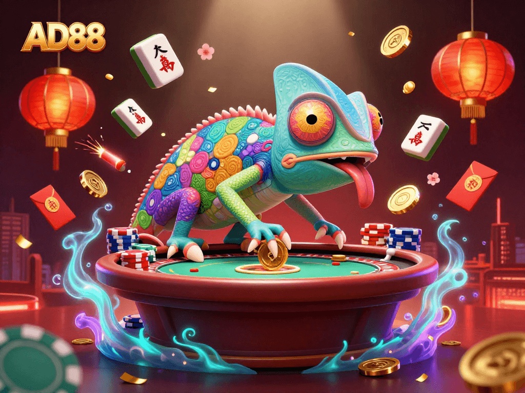 AD88 showcases an energetic chameleon casino owner surrounded by vibrant gambling elements and colorful decorations.