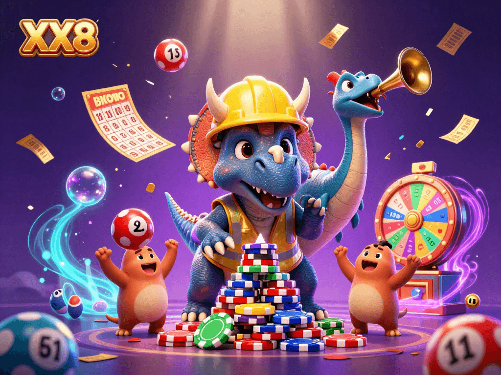 Experience the excitement of XX8 with jumping lottery balls and a dinosaur building poker chips.