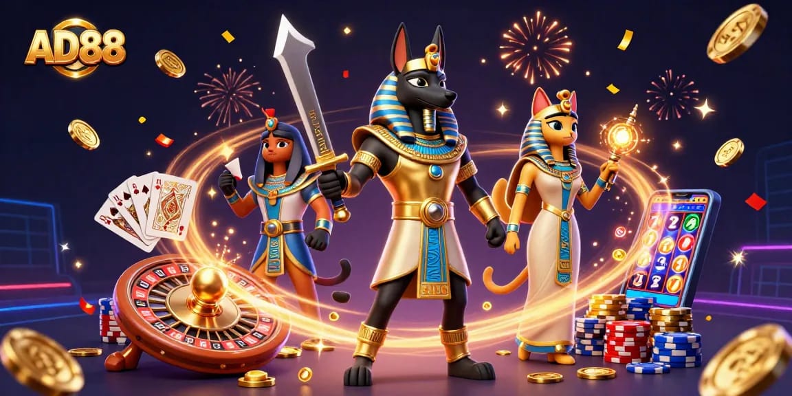 AD88 explores vibrant online gaming with ancient Egyptian characters, rich visuals, and exciting casino elements.