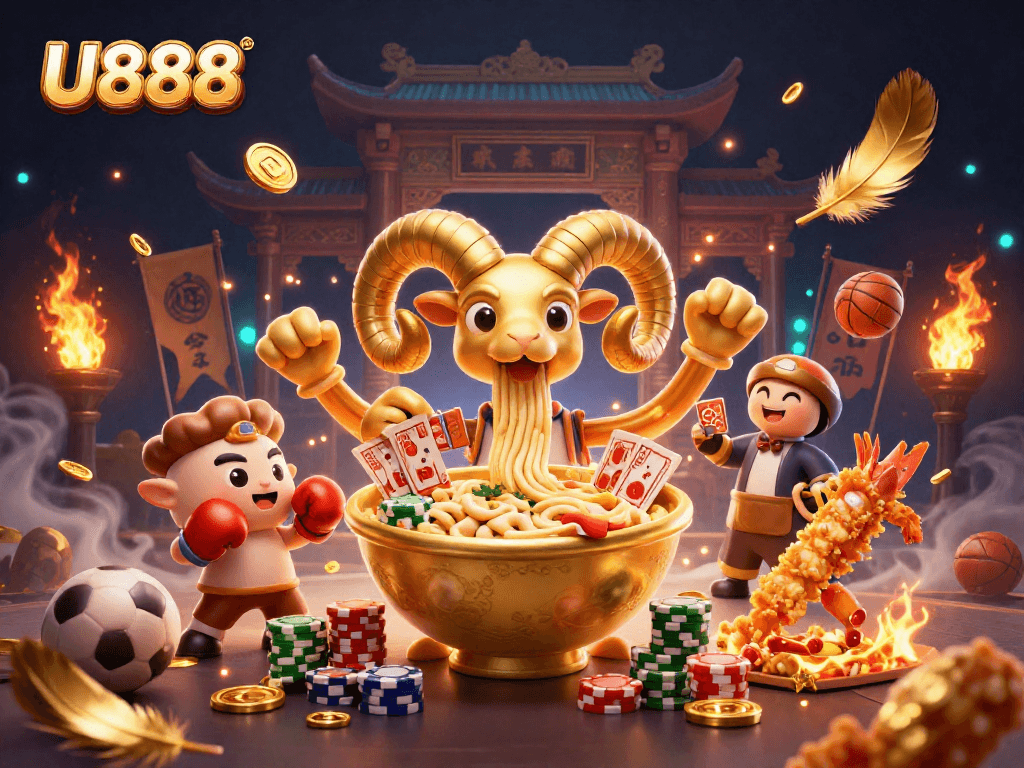 U888 sports betting scene featuring a golden ramen bowl doling out cards, captivating players with vivid energy