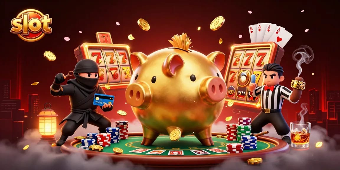 Mengguncang slot, pegawai kasino bersaing melawan ninja dan samurai, menampilkan berbagai elemen permainan.