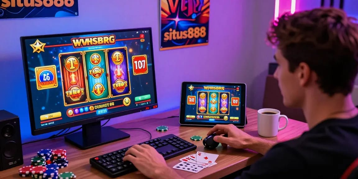 Player engaging with situs888 online slot game interface in a vibrant gaming setup