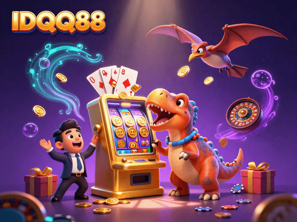 Win big with IDQQ88 in an exciting casino scene featuring playful dinosaur characters and vibrant game elements.