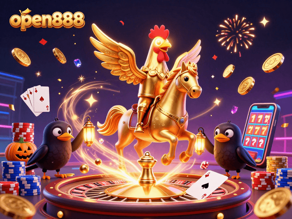 Experience open888's vibrant casino atmosphere with a golden rooster riding a spectral horse.