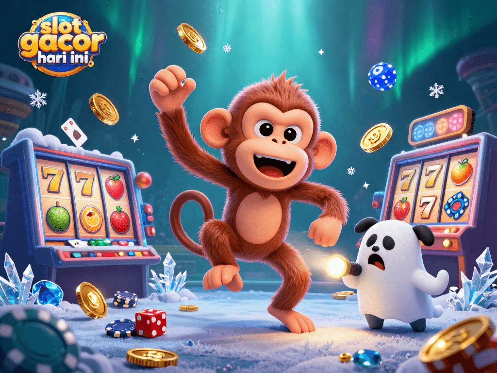Experience the thrill of slot gacor hari ini with a playful monkey and curious puppy in a dynamic casino scene.