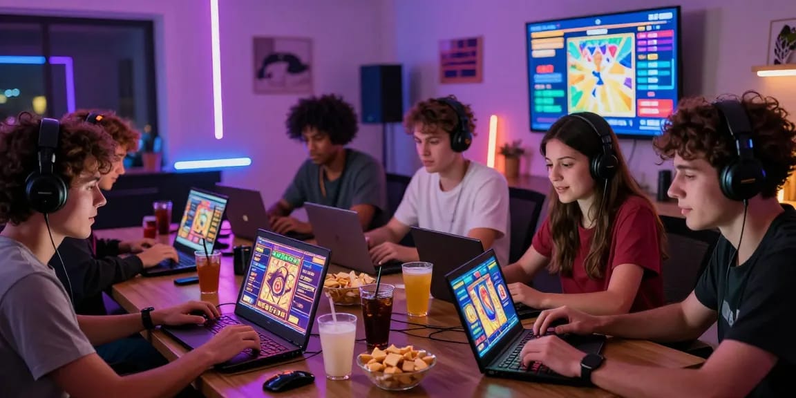 Engaging group of friends playing MPOCASH online slots at home, showcasing https://www.benmillerband.com/ vibrant gameplay atmosphere.