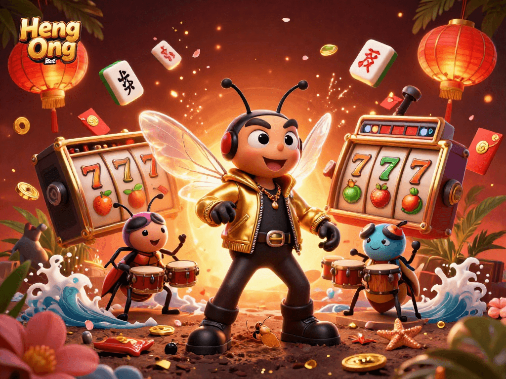 Experience thrilling wins at Heng Ong Bet with vibrant casino elements and characters in action.
