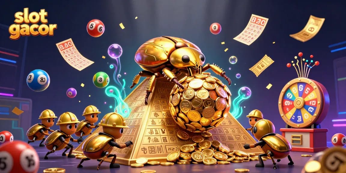 Menangkan slot gacor dengan ilustrasi 3D keren yang menampilkan kerumunan simbol kasino dan efek dinamis.