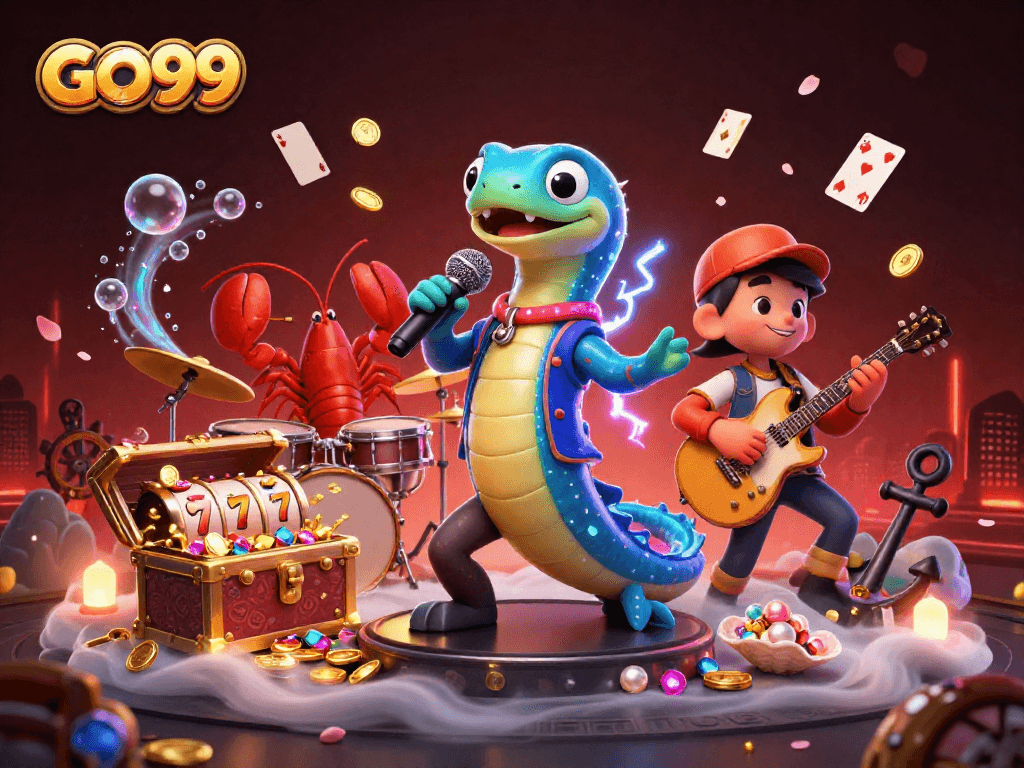 Experience GO99's vibrant underwater casino stage filled with dynamic characters and colorful gaming elements.