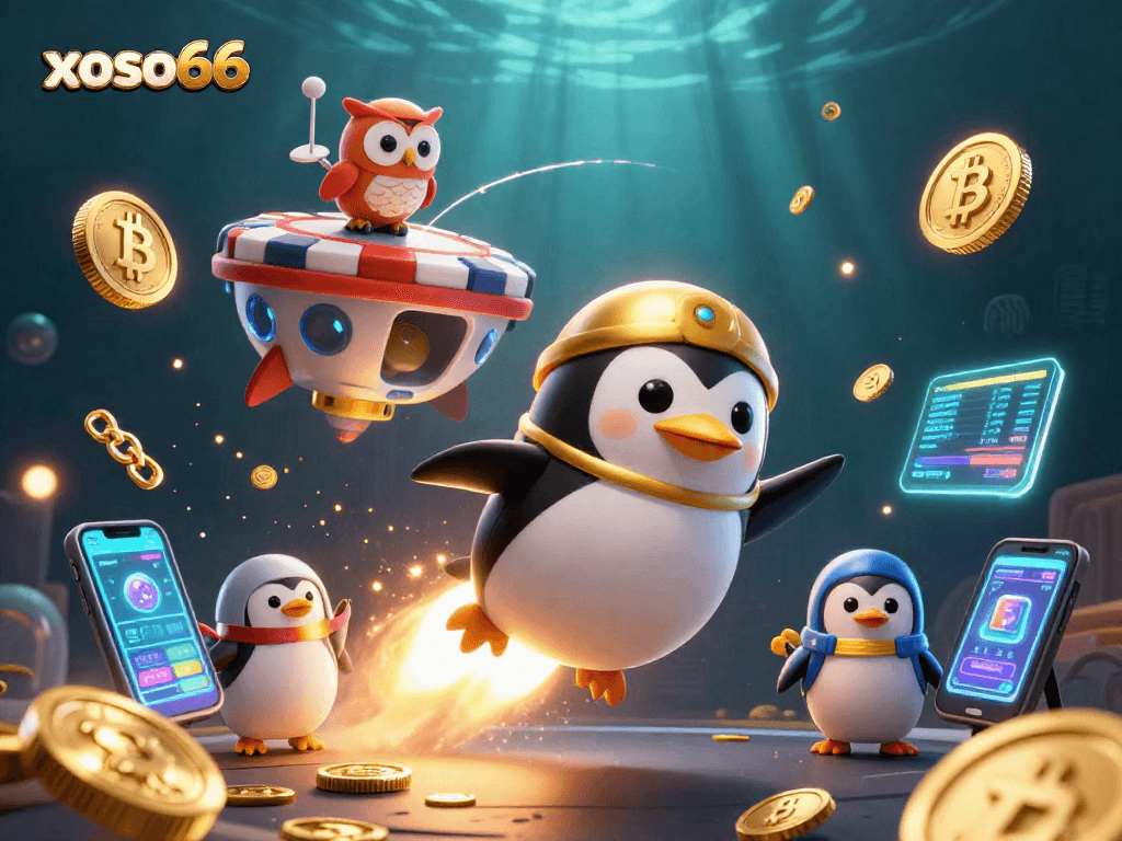 Experience the thrill of xoso66 with dynamic crypto elements in a vibrant casino space scene.