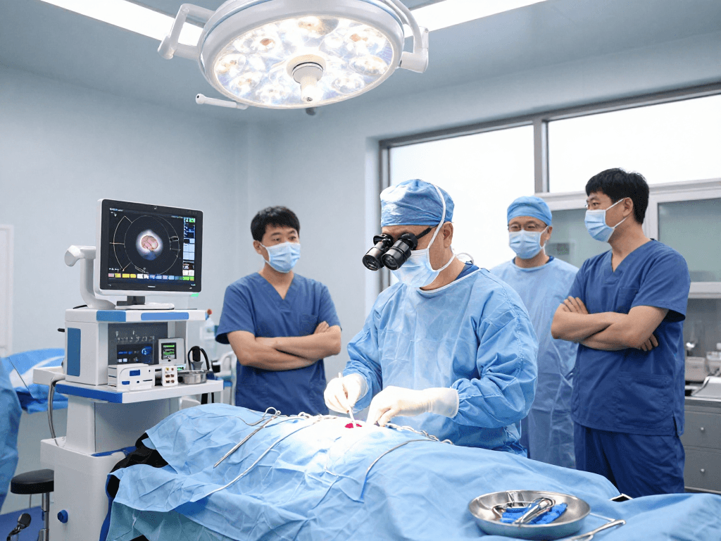 Brain tumor surgery preparations with medical staff focused on beyin tümörü ameliyatı in a modern surgical suite