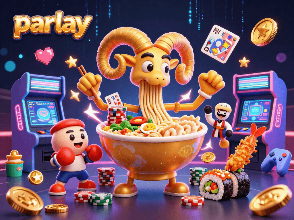 Experience the excitement of parlay betting in a vibrant 3D casino illustration full of playful characters.