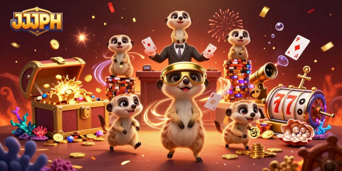 JJJPH casino meerkats celebrate with chips and confetti in a vibrant scene.