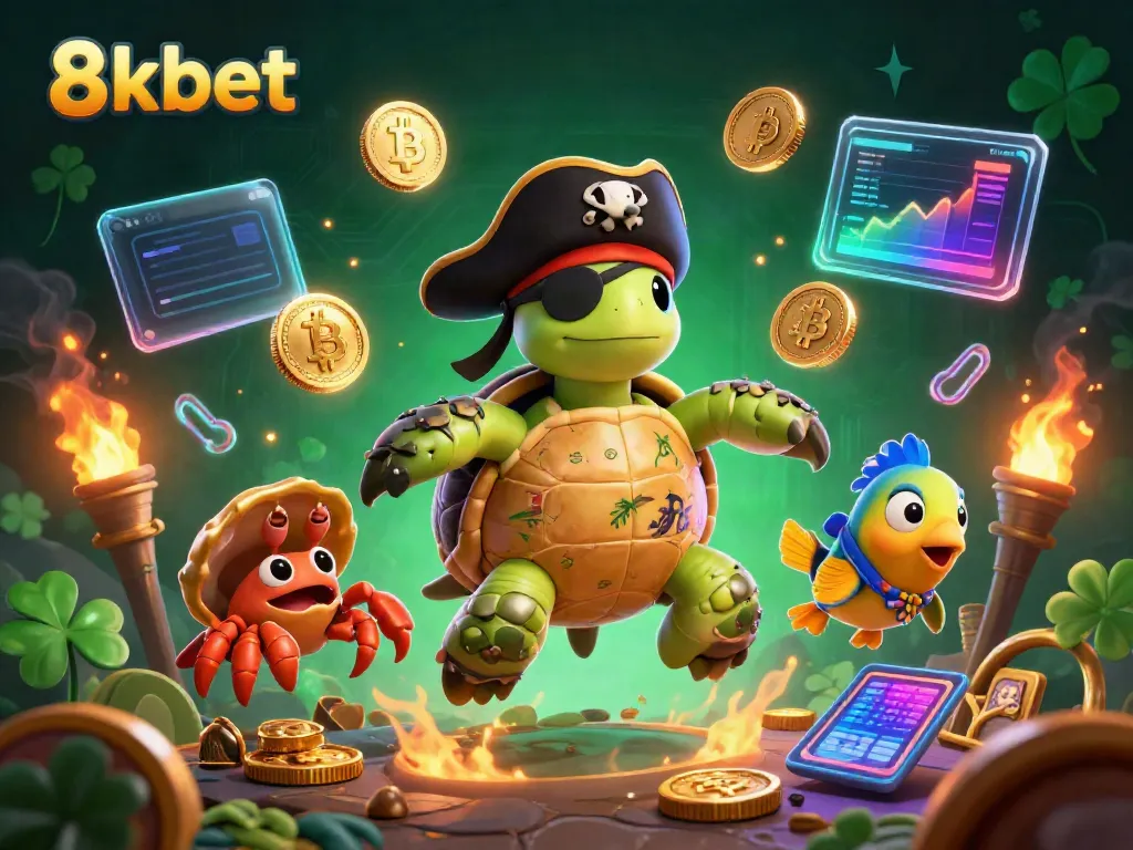Experience thrilling gameplay at 8xbet with an engaging visual of a pirate turtle adventuring through an underwater treasure!