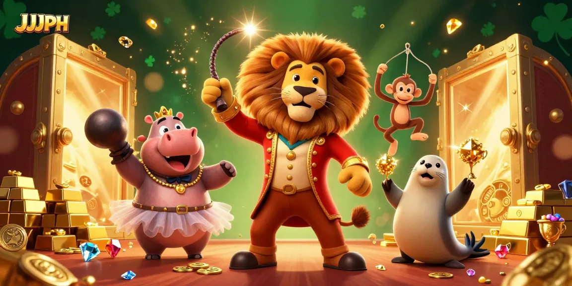 Experience the thrill of JJJPH with a vibrant 3D illustration showcasing circus characters and casino treasures.