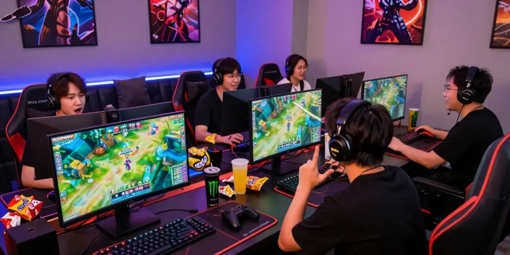 Gamers enjoying QQMacan in a vibrant gaming environment with colorful lighting.