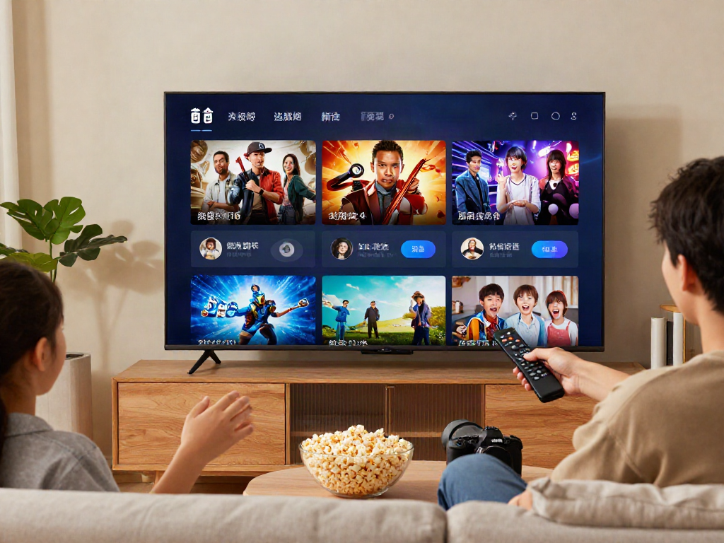 cocoflix user engaged with vibrant streaming platform interface in a cozy living room while selecting shows.
