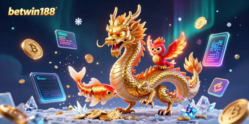 Betwin188 memberikan pengalaman permainan yang seru dengan karakter naga dan phoenix, dikelilingi koin digital.