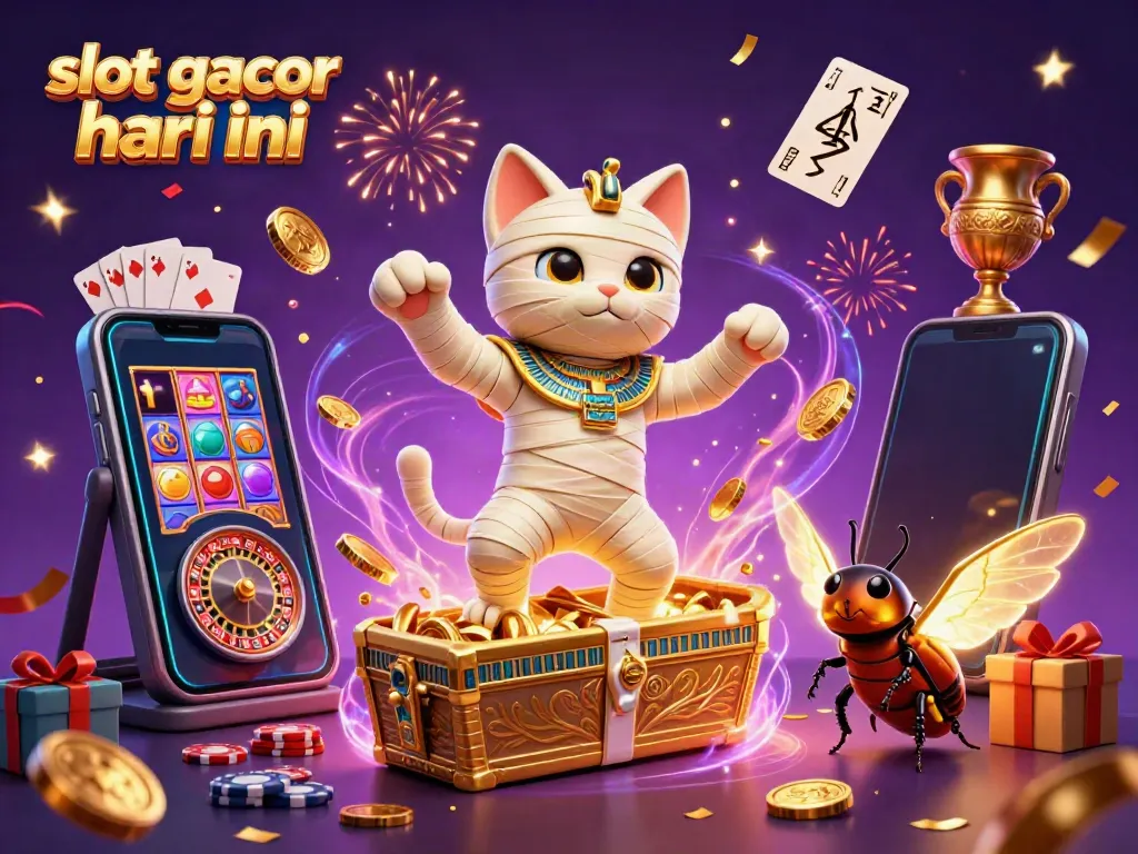Engage with slot gacor hari ini featuring an Egyptian mummy cat and glowing scarab in a casino atmosphere.