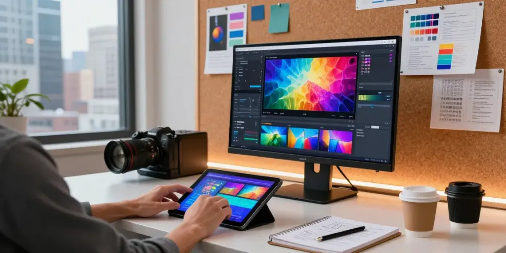 Designer using an ai video generator to create dynamic video content in a modern studio.