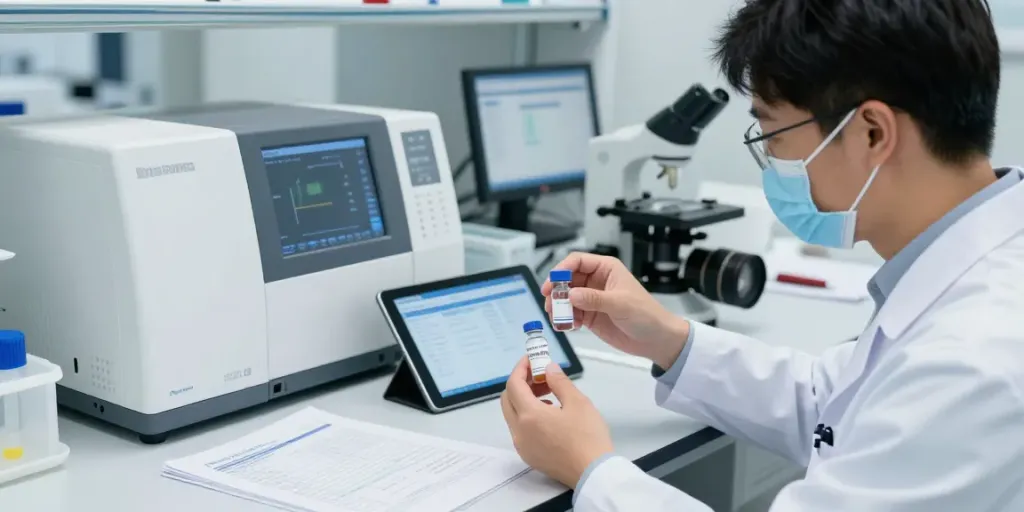 Researcher analyzing altera science peptides in a high-tech lab.