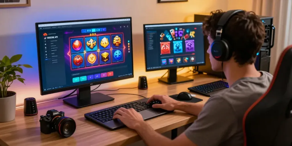 PESGSLOT gaming setup showcasing a user engaged in vibrant slot games on laptop.
