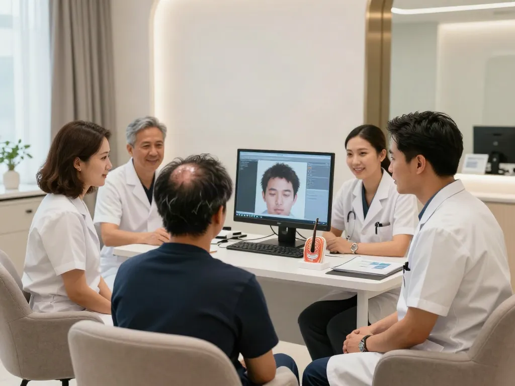 Hair Transplant Malaysia consultation scene in a modern clinic.