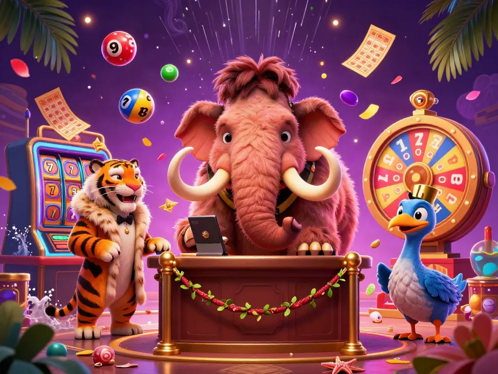 Join the action at slot depo 5000 with vibrant characters and dynamic game elements in a lively casino scene.