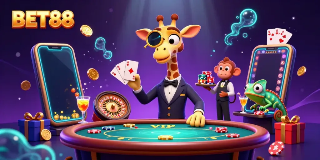 BET88 mang đến thế giới casino với hình ảnh thú vị từ các nhân vật hoạt hình đáng yêu.