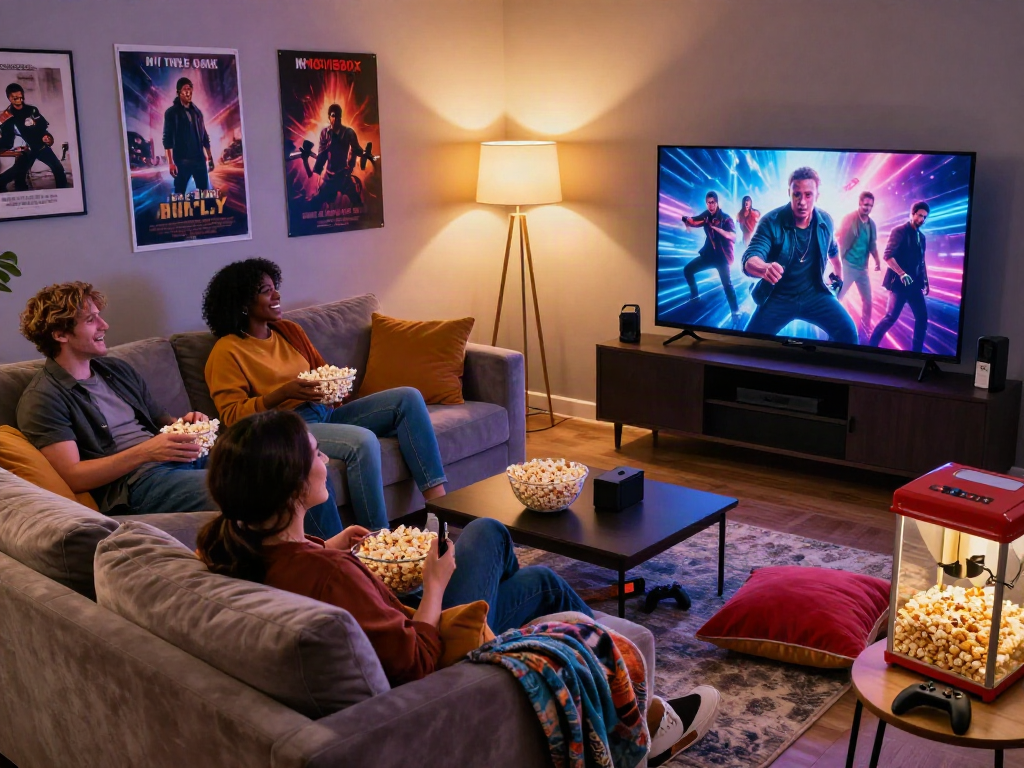 Friends enjoying a movie night with Moviebox streaming in a cozy living room setting.