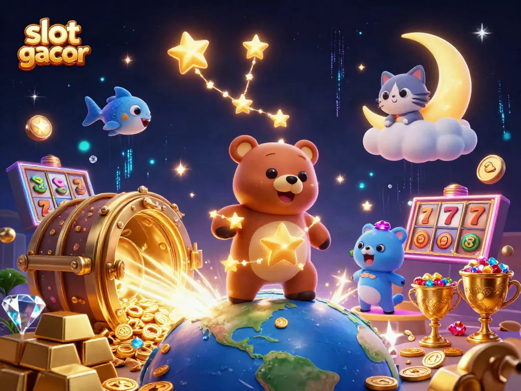 Experience the excitement of slot gacor with this vibrant scene featuring a magical constellation bear, coins, and jackpot elements.