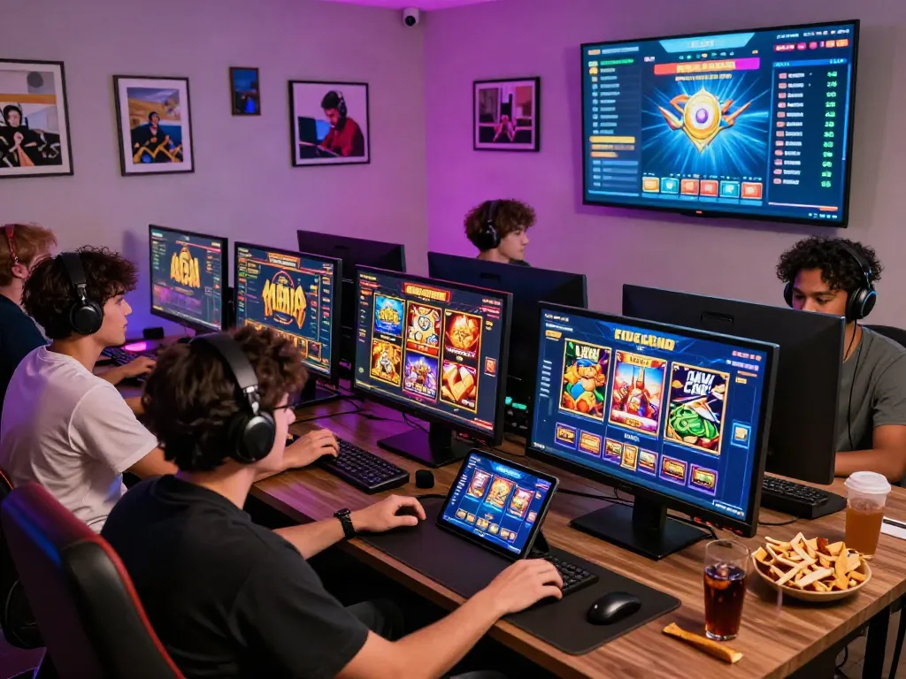 Exciting gaming setup showcasing players enjoying slot online gacor with vibrant visuals and cozy atmosphere.
