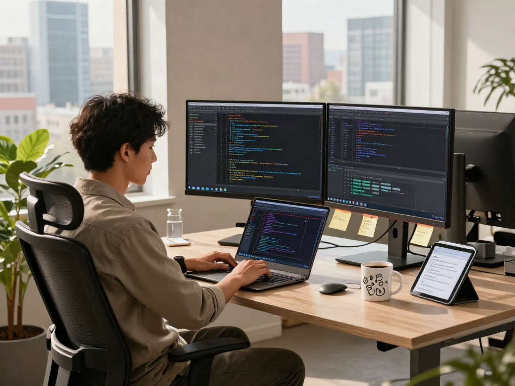 Pikashow APK developer coding at modern workspace with dual monitors, coffee, and urban view.