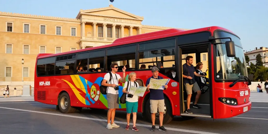 Excited family boarding Hop on hop off Athens bus for sightseeing