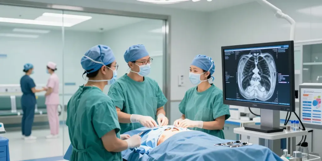 Thoracic surgery specialists collaborating in a modern hospital setting, showcasing advanced healthcare technology and teamwork.