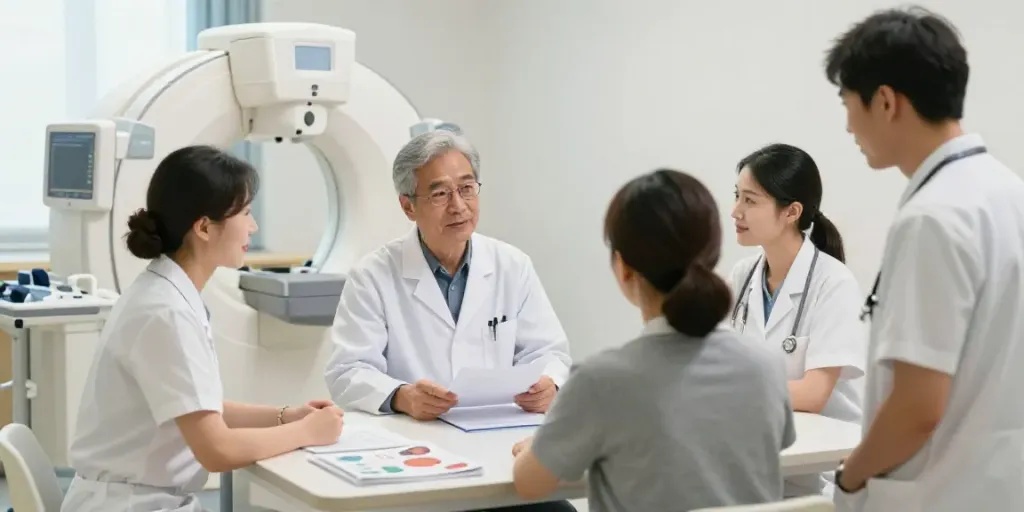 Ärzteteam bespricht Röntgenreizbestrahlung in der Nähe mit Patient in freundlicher Klinik.